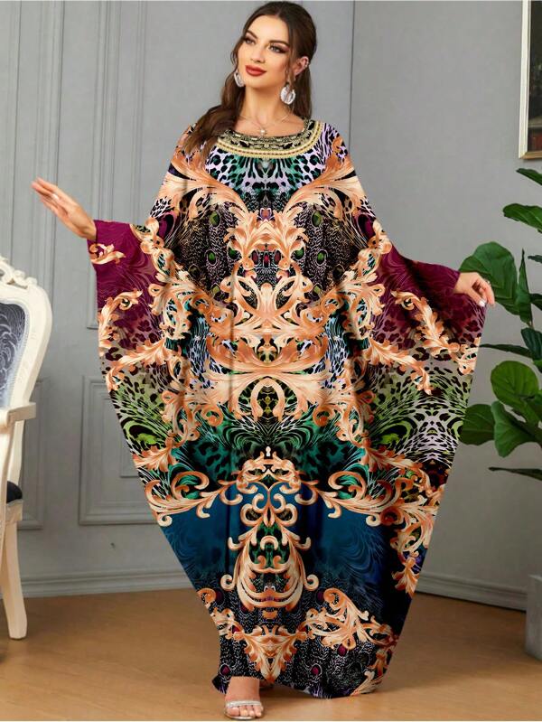 Langes Gewand mit arabischem Muster, weite Fledermausflügel-Ärmel Kaftan & traditionelle Abaya für Frauen