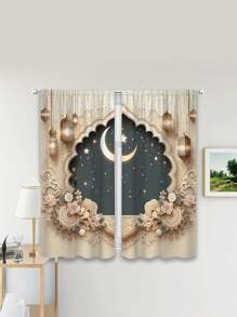 2 件开斋节穆装饰窗帘，杆袋，半透明，120 克密织，梦幻星空和东方氛围，月亮和星星图案，家居装饰 - 彩色 - 查看 10