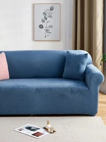 1pc Warm Plush Solid Stretch Sofa Cover, Modern Minimalist Non-Slip Whole Piece Sofa Protector, Fits L-Shaped Sofa And 1/2/3/4 Seat Sofa, Winter - Gray Blue - View 7