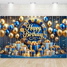 1pc Birthday Banner, "Happy Birthday" 3D Gold Text + Blue & Gold Balloon Gift Pattern, 70.87*43.31 Inches Blue Background, Decoration, Photography Prop - 1 - View 2