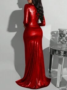 Fashionable Metallic Solid Color Deep V-Neck Ruched High Slit Long Sleeve Women's Evening Gown, Party Dress, Wedding Guest Cocktail Dress, Elegant Spring - Red - View 4