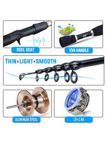 SOUGAYILANG 基础/轻便便携式钓竿套装，包括伸缩钓竿、8.1:1速比的鼓式渔线轮、彩色PE编织钓线以及软/硬饵，适用于淡水和海水垂钓。