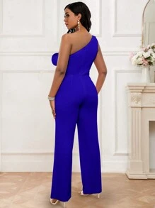 女士 3D 花朵无袖优雅连身裤 - 藍色 - 查看 2