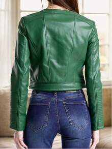Modna skórzana kurtka damska krótka wiosna i jesień nowość wyszczuplająca okrągły dekolt slim fit stojący kołnierz motocyklowy czarna kurtka ze skóry PU