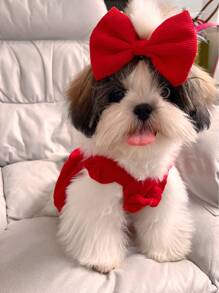 Pet Clothes With Hair Clip, Recommended To Choose One Size Up, Suitable For Small Dogs, Red Corduroy Dress With Bowknot
