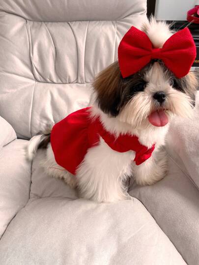 Pet Clothes With Hair Clip, Recommended To Choose One Size Up, Suitable For Small Dogs, Red Corduroy Dress With Bowknot