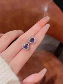 1pc/Set 925 Sterling Silver Purple Heart-Shaped Rhinestone Necklace Ring & Earring Set For Women Fine Jewelry Gift