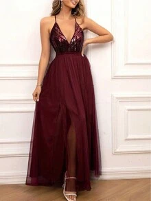 亮片吊带交叉露背透视网眼派对礼服，适合活动、派对、舞会和典礼、婚礼宾客礼服、正式礼服、晚礼服、长袍