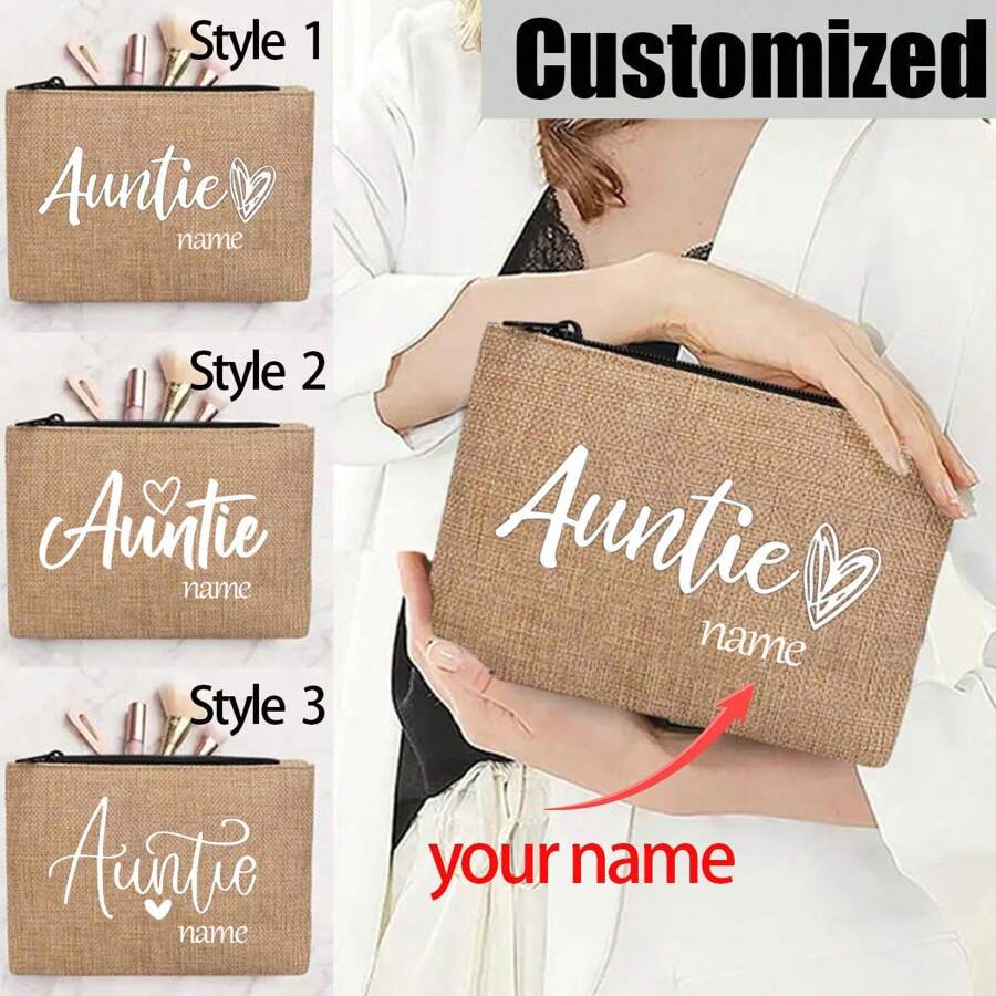 Customized Name Auntie Cosmetic Bag, Aunt Gifts For Women, Aunt Gifts For Niece And Nephew, Best Aunt Gifts For Aunts, Fun Gifts For Auntie Friends, Sisters Birthdays, Mother's Day, Christmas, Fashionable Cute Letter Pattern Storage Bags, Christmas Storage Bags, Beauty Bags, Lightweight Foldable Storage Bag, Thanksgiving Storage Bag, Thanksgiving Gift For Friends And Besties, Gift For Mother, Suitable For Personal Travel Cosmetics Hangers