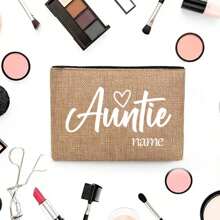 Customized Name Auntie Cosmetic Bag, Aunt Gifts For Women, Aunt Gifts For Niece And Nephew, Best Aunt Gifts For Aunts, Fun Gifts For Auntie Friends, Sisters Birthdays, Mother's Day, Christmas, Fashionable Cute Letter Pattern Storage Bags, Christmas Storage Bags, Beauty Bags, Lightweight Foldable Storage Bag, Thanksgiving Storage Bag, Thanksgiving Gift For Friends And Besties, Gift For Mother, Suitable For Personal Travel Cosmetics Hangers