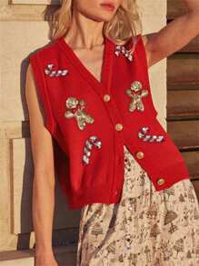 Chaleco de punto con cuello en V para mujer, estilo navideño, sin mangas, con lentejuelas bordadas y botones. - Rojo - Ver 4