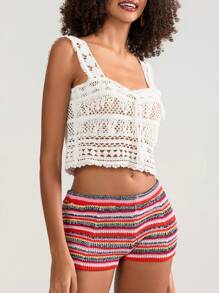 Pantalones cortos de rayas para mujer, informales, ajustados, de tiro medio, de punto, para ropa de calle de verano - Rosa - Ver 7