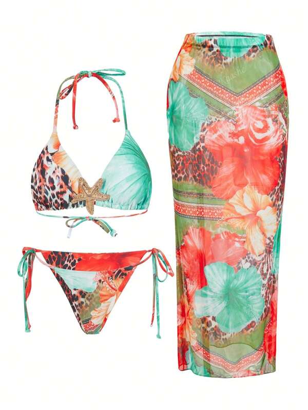 Sexy Bikini mit Blume Muster Trägertop, anliegendes Bandeau Strandkleid Bademode für Frauen, für den Sommerurlaub