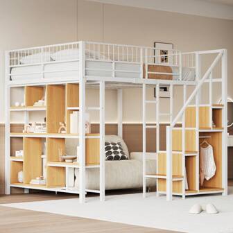 okwish Hoogslaper metalen bed stapelbed 140x200cm met opbergruimte, planken en trap, volwassen bed met valbeveiliging, kinderbedframe, zwart/wit