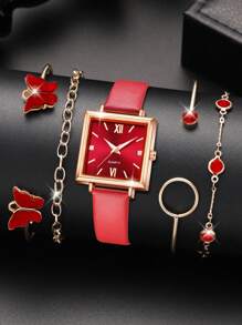 5PCS Ladies' Green PU Leather Dtrap Fashionable Casual Retro Simple Scale Square Dial Quartz Watch Bracelet Set For Daily Wear Decoration Or Gift Giving