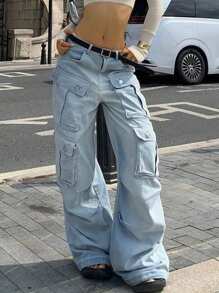 Y2K Streetwear Multi-Pocket Cotton Straight Leg Heavy Industry Cargo Jeans Loose Wide-Leg Denim Pants Music Festival