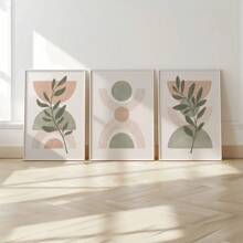 Set Of 3 Peach Green Boho Botanical Wall Arts Print, Sage Green Mid Century Print, Sage Green Canvas Posters, Natural Minimalist Wall Decor, Spring Decor, Artwork For Living Room, Bedroom, Cafe, Bar, Office, Hallway, Home And Room Decoration, Unframed Gifts Birthday Graduation