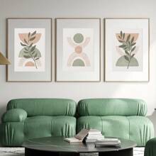 Set Of 3 Peach Green Boho Botanical Wall Arts Print, Sage Green Mid Century Print, Sage Green Canvas Posters, Natural Minimalist Wall Decor, Spring Decor, Artwork For Living Room, Bedroom, Cafe, Bar, Office, Hallway, Home And Room Decoration, Unframed Gifts Birthday Graduation
