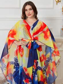SUPGIR Random Floral Watercolor Printing V-Neck Chiffon Batwing Sleeve Draped Front Elegant A-Line Dress - Yellow - View 6