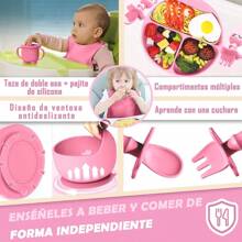 Platos Para Bebe Silicon, Juego de vajilla para bebé de 10 piezas, plato con ventosa, bowl, cubiertos, taza de silicona suave, baberos, cuchara y tenedor, Set de vajilla para madre e hijos, artículos de bebé - Rosa - Ver 4