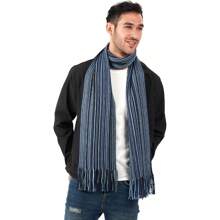 Men's Fine Wool Merino Scarf - Luxurious Striped Super Soft Winter Scarf For Men - Navy, Blue & Grey - View 6