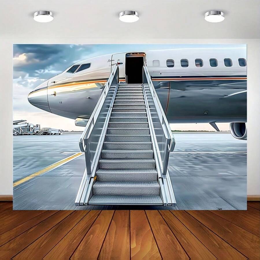Polyester Airplane Background Banner With Boarding Stairs - Versatile Multipurpose Party Decor, Photo Booth, Studio Prop - Autumn/Winter Theme - No Power Required - Multicolor - View 1
