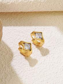 1 Set Luxurious Fashion Diamond-Shaped Colorful Glass Studded Open Hoop Design Stainless Steel Earrings, Suitable For Women's Party, Daily Fashion Outfit, Commuting Or As Gift