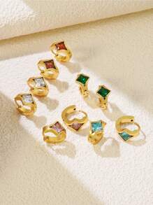 1 Set Luxurious Fashion Diamond-Shaped Colorful Glass Studded Open Hoop Design Stainless Steel Earrings, Suitable For Women's Party, Daily Fashion Outfit, Commuting Or As Gift
