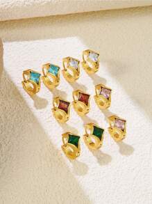 1 Set Luxurious Fashion Diamond-Shaped Colorful Glass Studded Open Hoop Design Stainless Steel Earrings, Suitable For Women's Party, Daily Fashion Outfit, Commuting Or As Gift