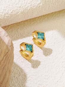1 Set Luxurious Fashion Diamond-Shaped Colorful Glass Studded Open Hoop Design Stainless Steel Earrings, Suitable For Women's Party, Daily Fashion Outfit, Commuting Or As Gift