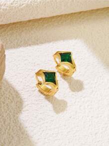 1 Set Luxurious Fashion Diamond-Shaped Colorful Glass Studded Open Hoop Design Stainless Steel Earrings, Suitable For Women's Party, Daily Fashion Outfit, Commuting Or As Gift