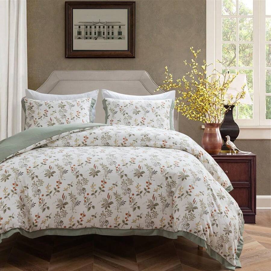 Botanical Duvet Cover Set 100% Microfiber Breathable Stylish Small Floral Pattern Ultra Soft Bedding Set Quilt Cover With Pillowcase - Green Floral - View 1