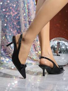 Fall/Winter Women's Black High Heel Pumps, Small Kitten Heels Party Dress Shoes, Formal Wedding Shoes With Bow,Elegant - Black - View 5
