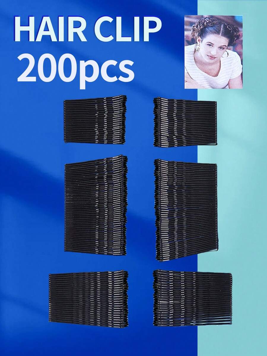200个黑色直筒发夹，美发造型工具，金属波浪发卡，适用于沙龙美发造型配件，休闲爪夹，发爪，发夹，学习用品，发饰，头部饰品，发卡，夏季，假期，旅行，节日，派对 - 黑色 - 查看 1