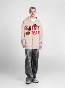 SAINT Retro Vintage Washed Design Metal Zipper Open Hoodie - Apricot - View 1