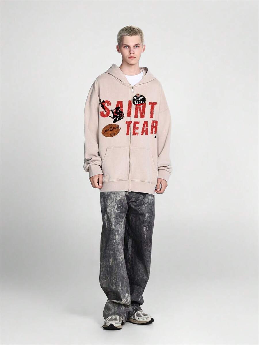 SAINT Retro Vintage Washed Design Metal Zipper Open Hoodie - Apricot - View 1