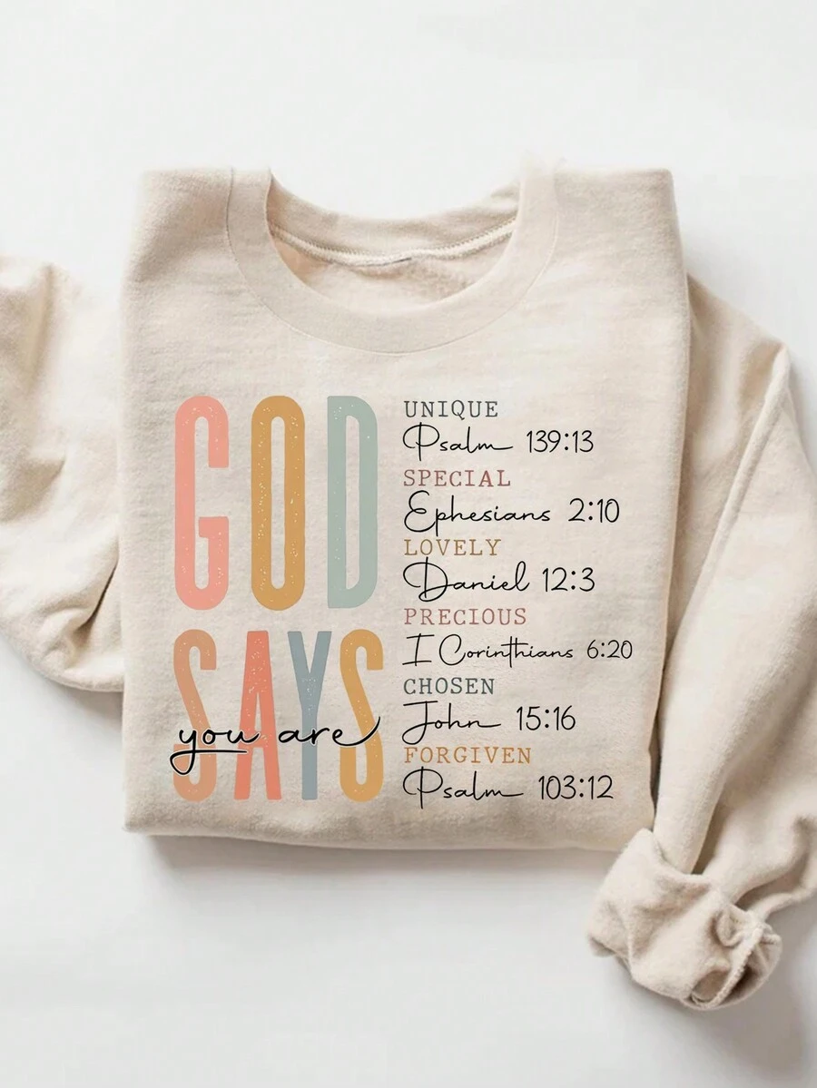 Christian Scripture And God Print Drop Shoulder Round Neck Casual Sweatshirt For Women - Light Apricot - View 1