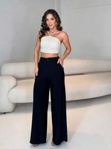 Women's Elegant Wide Leg Pants With Pocket - Black - View 1
