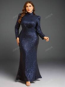 SUPGIR Plus Size Stand Collar Puff Sleeve Sequin Decor Party Dress Wedding Guest Dress Formal Dress Evening Dress,Gown