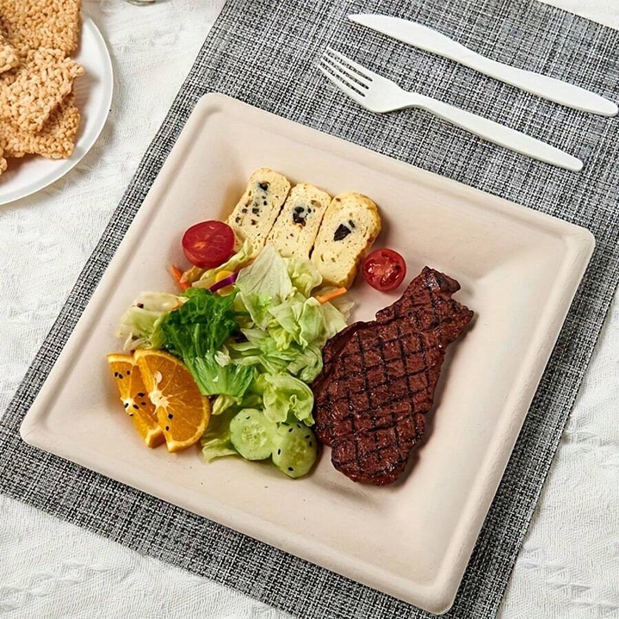 1套50个一次性纸浆方盘加厚纸盘手绘野餐烧烤聚会露营一次性方盘餐具配件