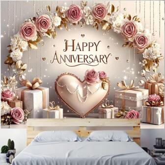 Happy Anniversary Polyester Banner - No Need For Electricity, Versatile Background Suitable For Weddings, Birthdays, Photo Booths, And Celebrations - Durable Indoor And Outdoor Party Accessories, Suitable For Various Occasions Including Valentine's Day And Mother's Day