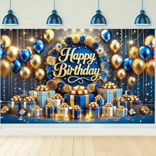 1pc Birthday Banner, "Happy Birthday" 3D Gold Text + Blue & Gold Balloon Gift Pattern, 70.87*43.31 Inches Blue Background, Decoration, Photography Prop - 1 - View 5