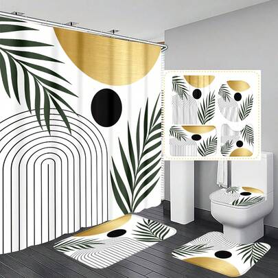 1件/4件几何线条和树叶图案浴室浴帘套装，带12个挂钩，防水。另含浴室防滑垫、U型垫、圆形马桶盖 - 多功能浴室装饰套装，秋季装饰，返校季适用