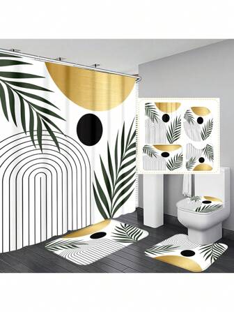 1件/4件几何线条和树叶图案浴室浴帘套装，带12个挂钩，防水。另含浴室防滑垫、U型垫、圆形马桶盖 - 多功能浴室装饰套装，秋季装饰，返校季适用