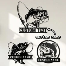 1 Pc Customizable Text Fishing Art Metal Wall Decoration With Personalized Name Logo For Farmhouse, Patio, Porch, Fishing Art Decor, Unique Gift Ideas Decorative, Delicate, Fashion, Contracting, Vintage Customization, Personalized, Unique Ideal Gift For His Anniversary, Family, Friends Gifts Birthday Graduation, Christmas Gift Supplies - Black - View 2