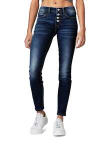 女士休闲修身低腰口袋纽扣牛仔七分裤，适合通勤和日常穿着，秋季 - 深色水洗藍 - 查看 3