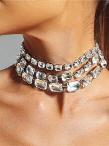 Fashionable Luxurious Multi-Layer Square Crystal Necklace - Silver - View 2