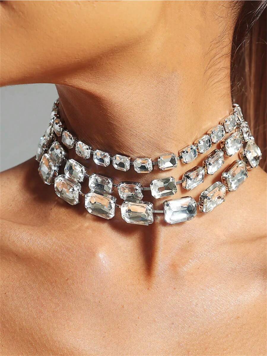 Fashionable Luxurious Multi-Layer Square Crystal Necklace