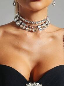 Fashionable Luxurious Multi-Layer Square Crystal Necklace - Silver - View 4