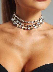 Fashionable Luxurious Multi-Layer Square Crystal Necklace - Silver - View 3